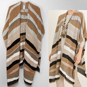 Chico's Stripe Ruana Textured Wave Knit Wrap Black Brown Tan Cream One Size New